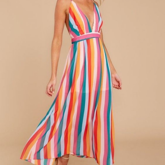 New Gorgeous Rainbow Striped V Plunge Maxi Dress - Picture 6 of 15